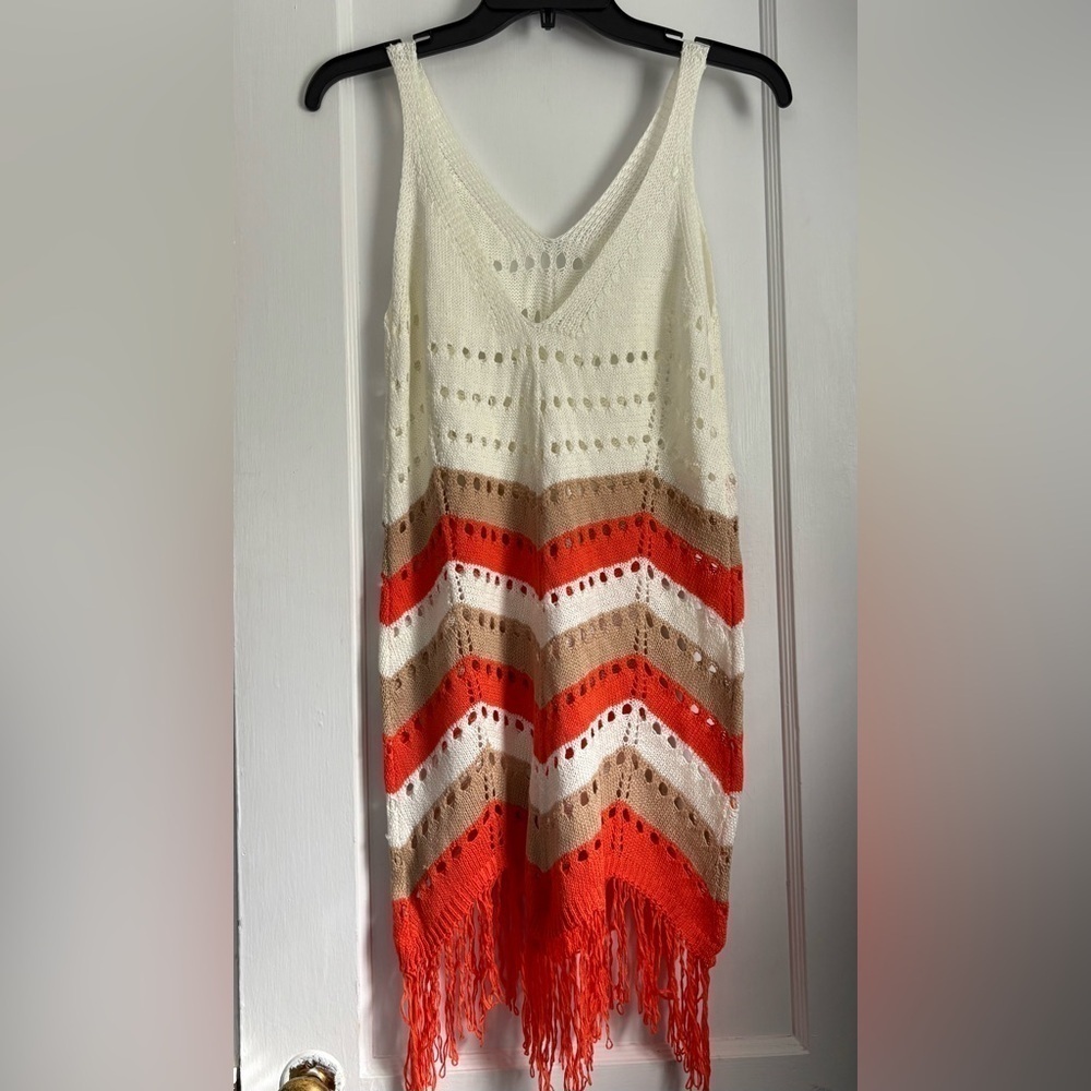 Crochet Chevron Fringe Colorblock Cover Up Dress, Size: SMALL